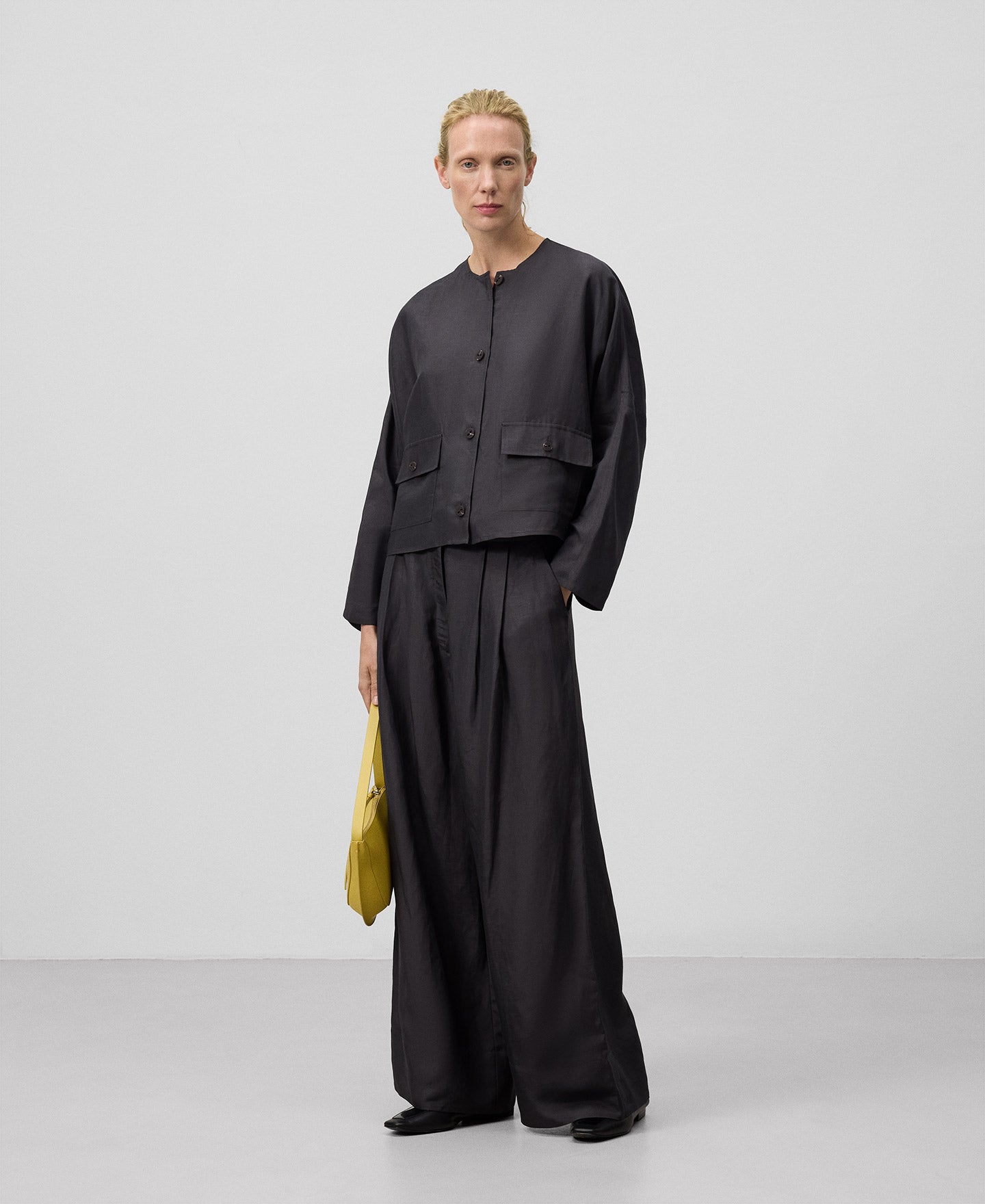 Linen Blend Wide Leg Trousers - Dark Grey