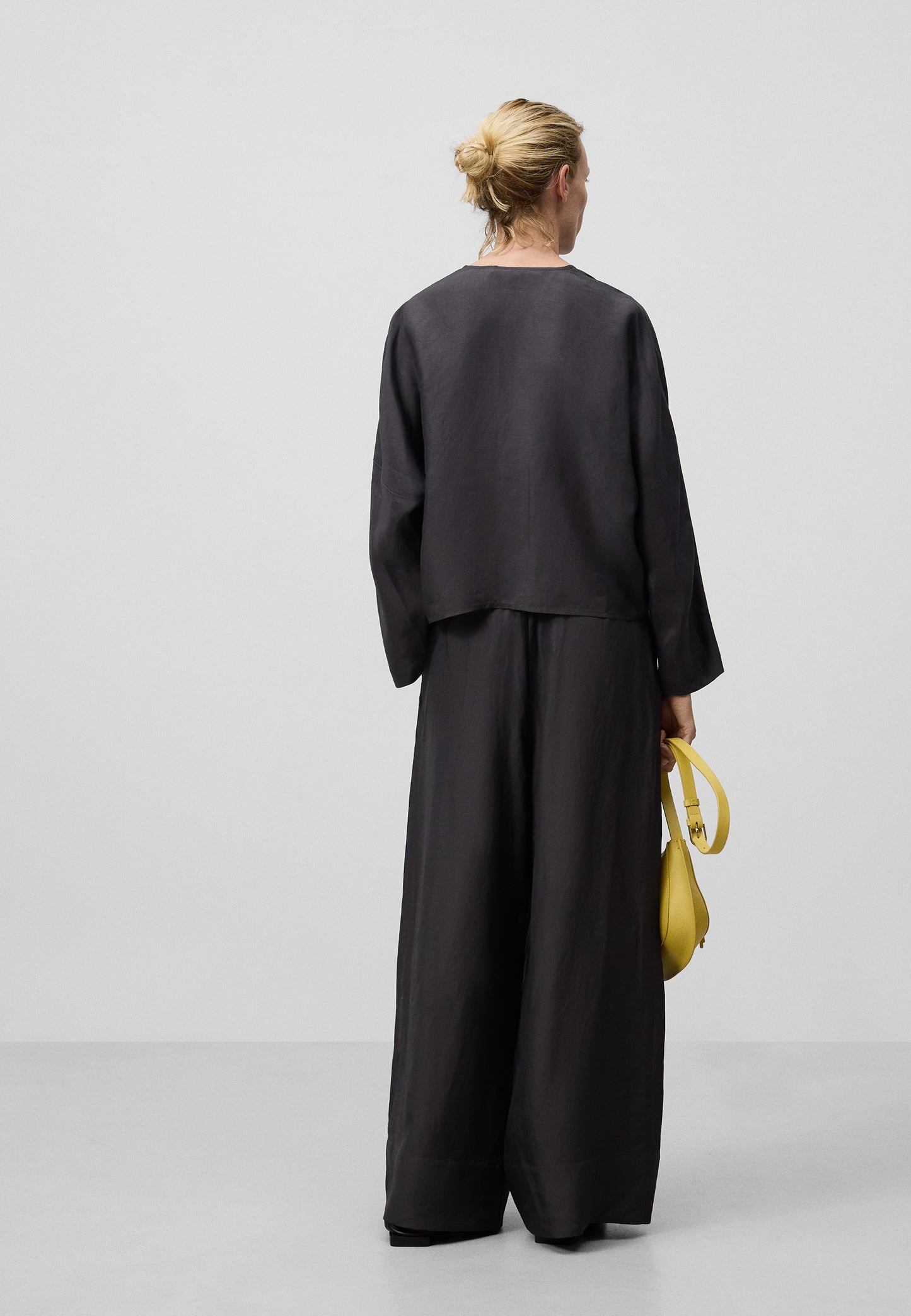Linen Blend Wide Leg Trousers - Dark Grey