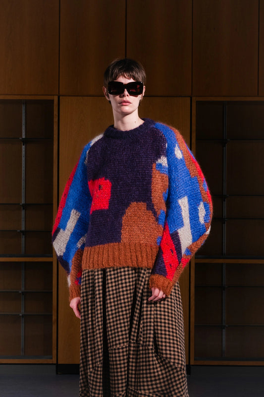 Pull en tricot mohair - Cheval rouge bleu marron