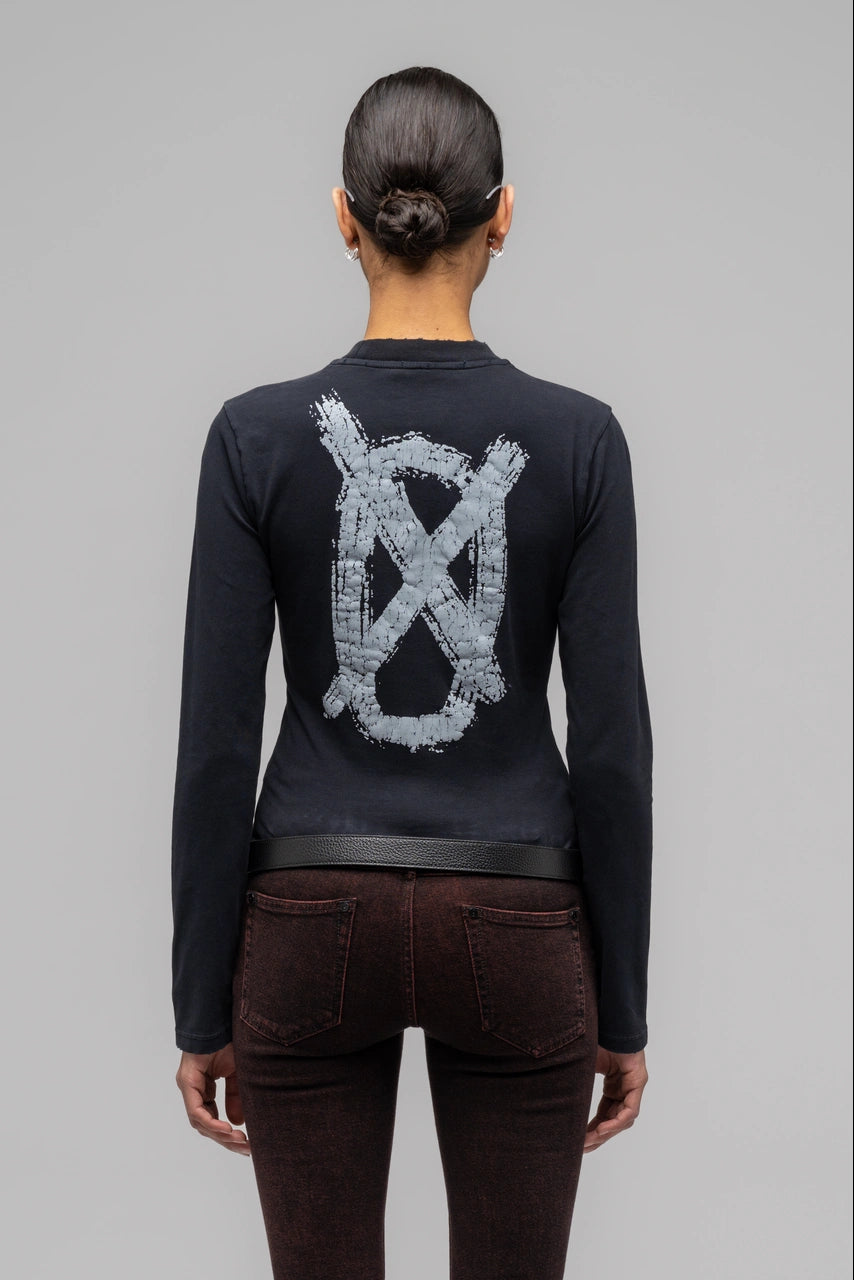 T-shirt ajusté à manches longues « SOS » - Noir délavé
