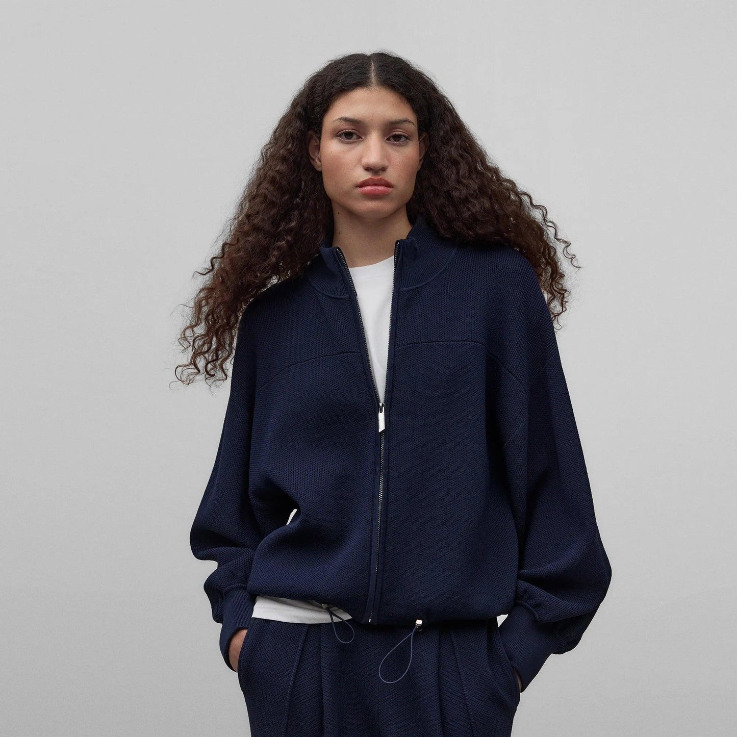 Pointelle Knit Bomber Jacket - Navy Blue - ect.studio