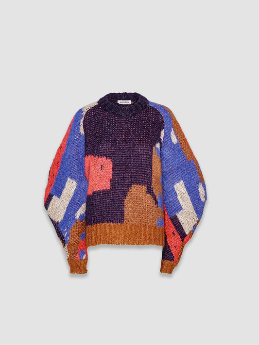 Mohairy Knit Jumper - Red Blue Brown Horse